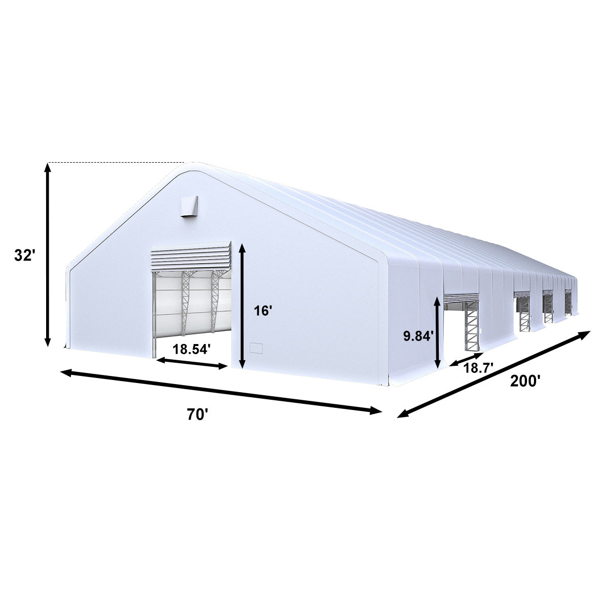 W70'xL200'xH32' Double Truss Storage Shelter, Reinforced Series with 4 Side Doors