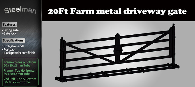 Steelman 20ft Farm Metal Driveway Gate with Diagonal Tubes